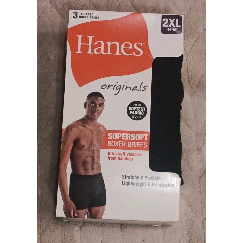 Size 2XL Men's Hanes Originals 3 Pack Tagless SuperSoft Boxer Briefs Lightweight